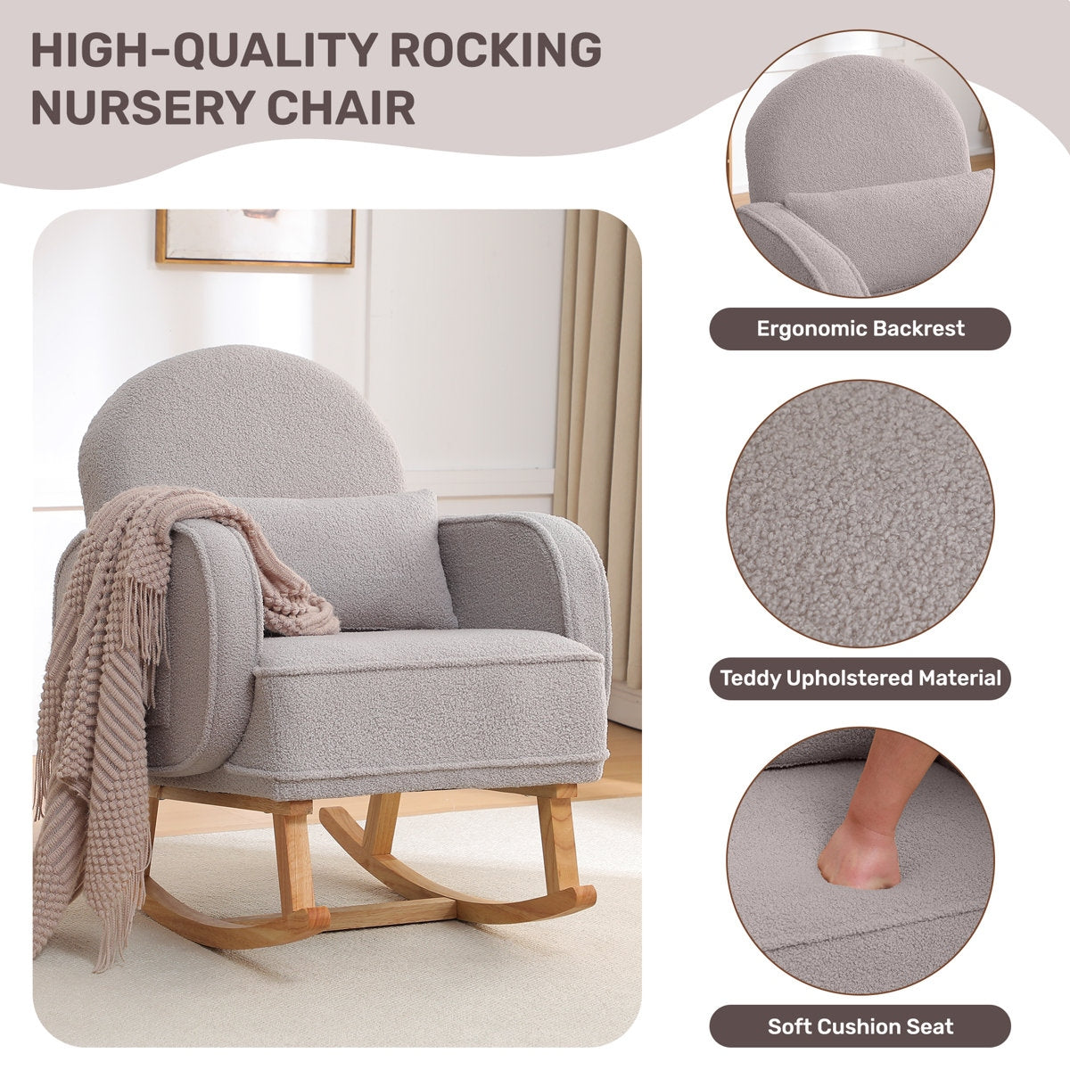 Modern Grey Boucle Rocking Chair and Ottoman with Natural Wood Accents