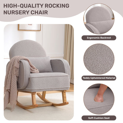 Modern Grey Boucle Rocking Chair and Ottoman with Natural Wood Accents
