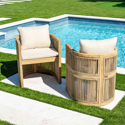Solid Wood Rectangular Dining Table with Hand-Woven Barrel Chairs