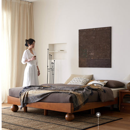 Japanese Style Low Platform Bed: Honey Acacia Wood with Distinct Spherical Legs