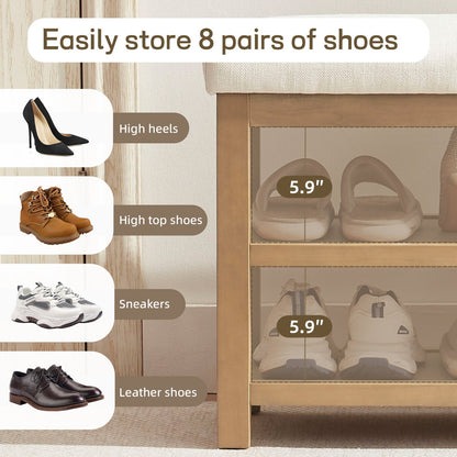 Space-Saving Solid Wood Shoe Bench with Dual Shelves and Comfortable Upholstered Seating