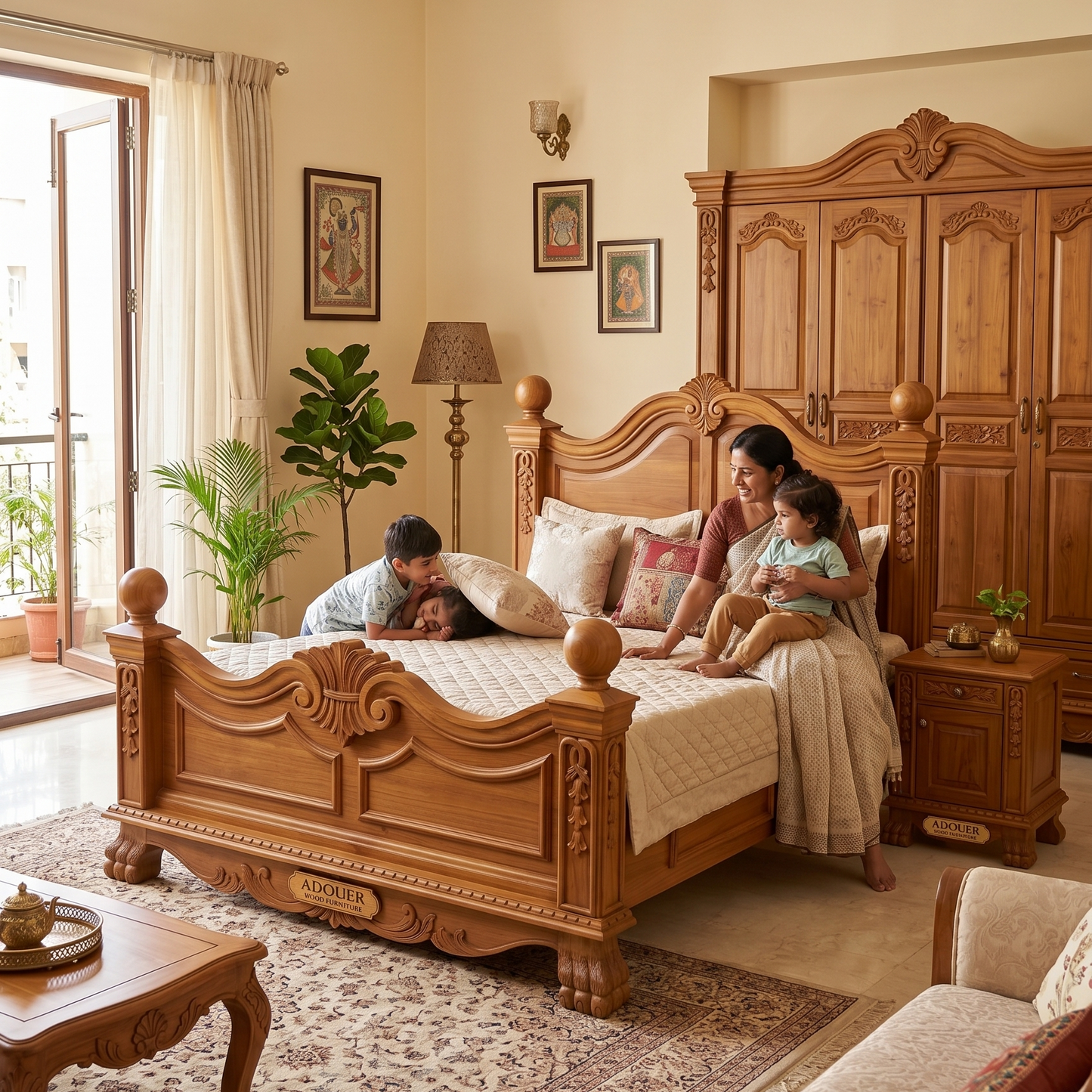 Adouer Wood Royal Solid Wood King Bed | Premium Teak Finish