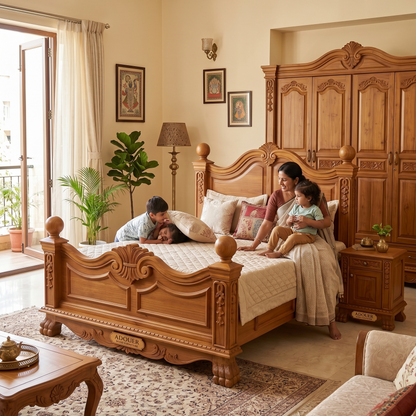 Adouer Wood Royal Solid Wood King Bed | Premium Teak Finish