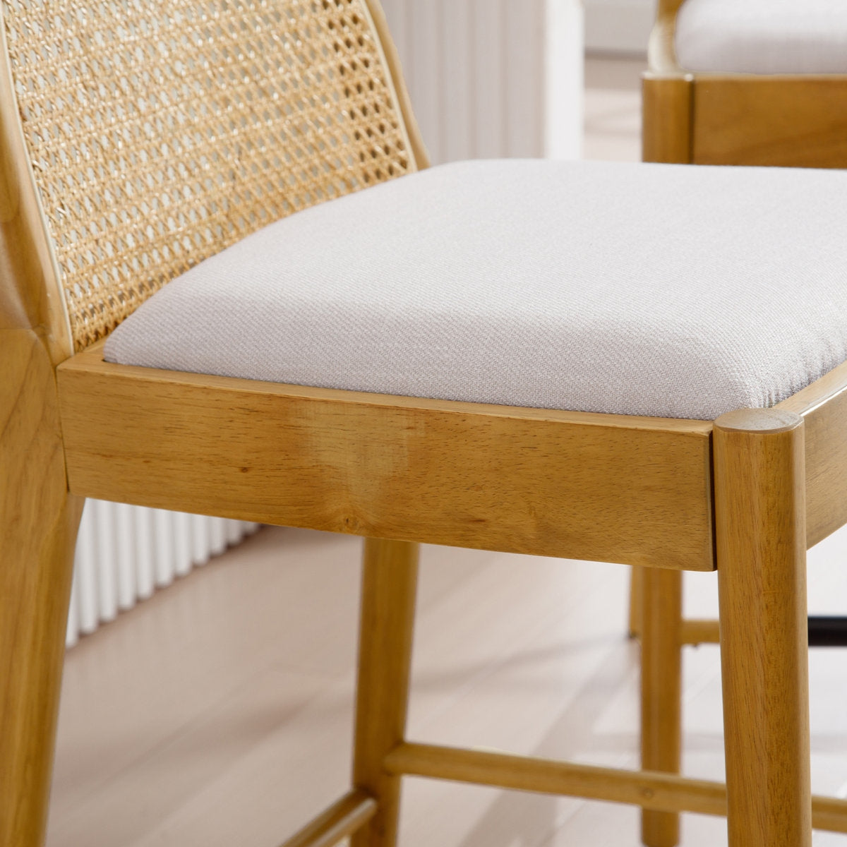 The Heritage Solid Wood Bar Stool Set – Handcrafted Woven Rattan & Cotton Upholstery