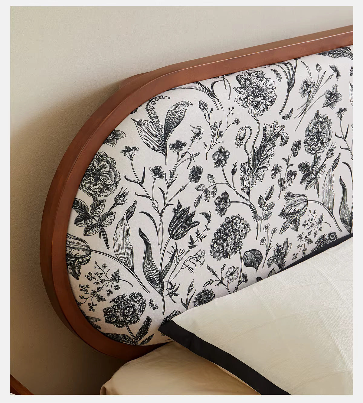 Walnut Sheesham Wood Fusion Bed: Japanese Low Profile with Botanical Upholstered Headboard