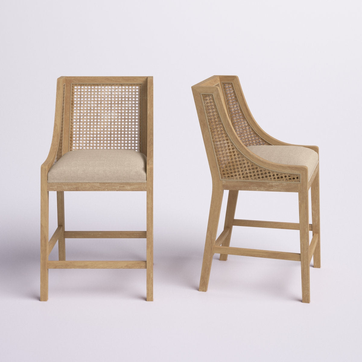Solid Wood Counter Height Stools with Natural Rattan Backrest and Premium Upholstered Cushioning – Set of 2