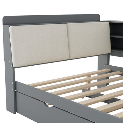 Modern Solid Wood Trundle Bed with Built-In Bookshelf Headboard & Pull-Out Storage Bed