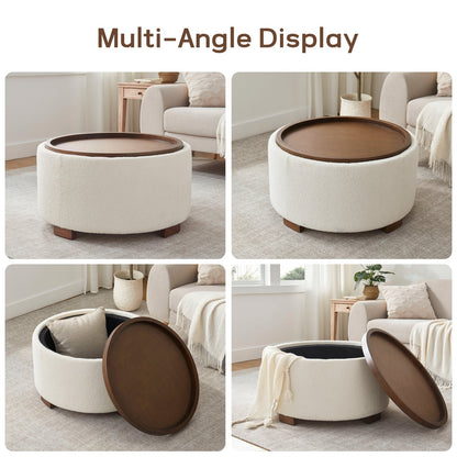 Round Boucle Storage Ottoman with Removable Acacia Wood Tray Table