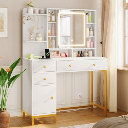 Premium Solid Wood Dressing Table featuring Multi-Tier Shelving and Smart LED Square Mirror