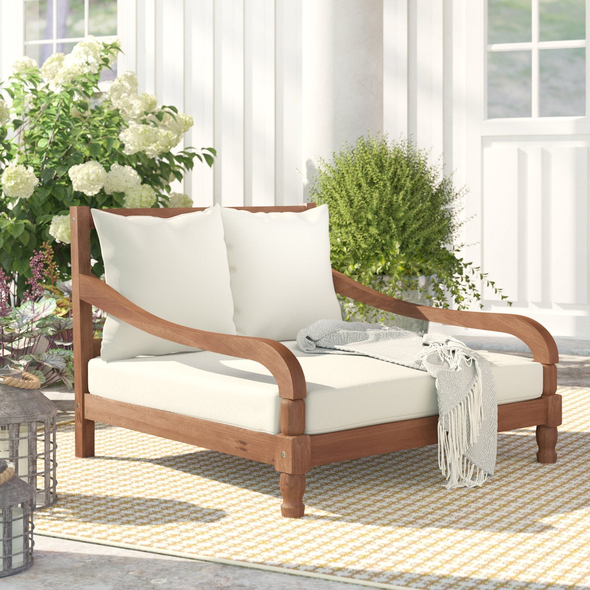 ADOUER WOOD Solid Wood Double Daybed Chaise Lounge with 2 Cushions – Handcrafted 2-Seater Outdoor & Indoor Settee