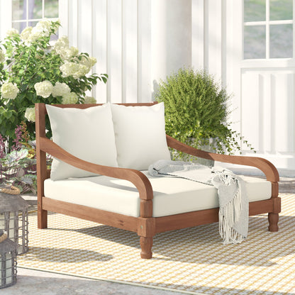 ADOUER WOOD Solid Wood Double Daybed Chaise Lounge with 2 Cushions – Handcrafted 2-Seater Outdoor & Indoor Settee