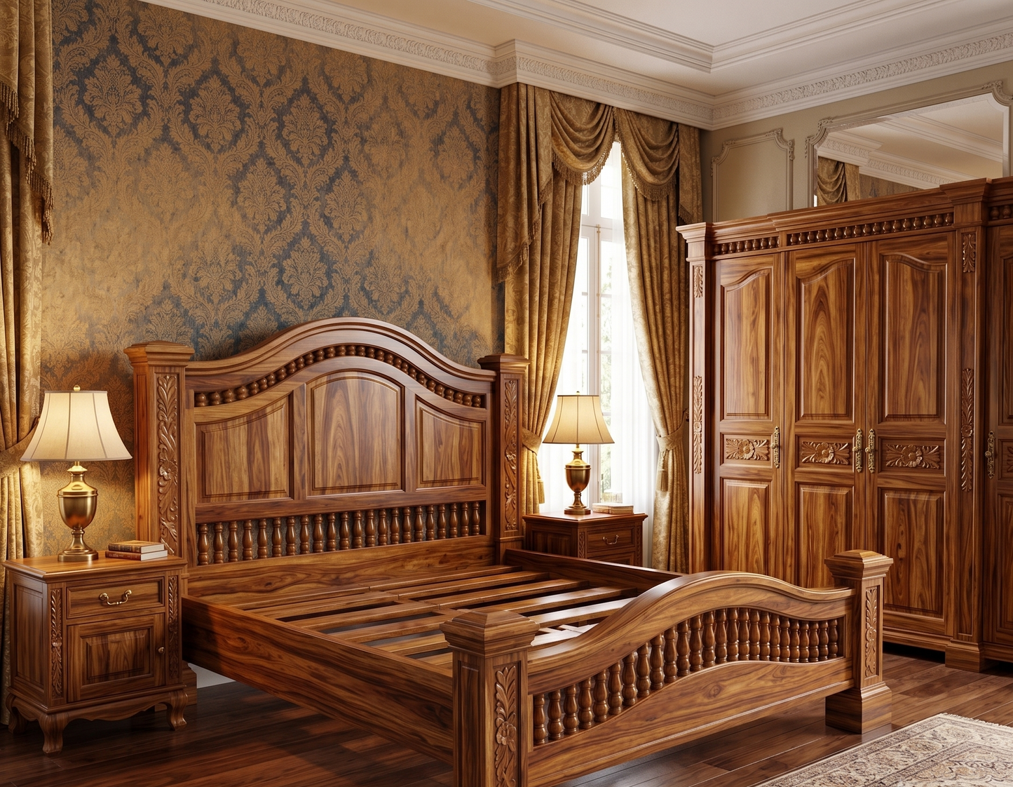 ADOUER WOOD Solid Sheesham Wood King Size Bed with Carved Headboard