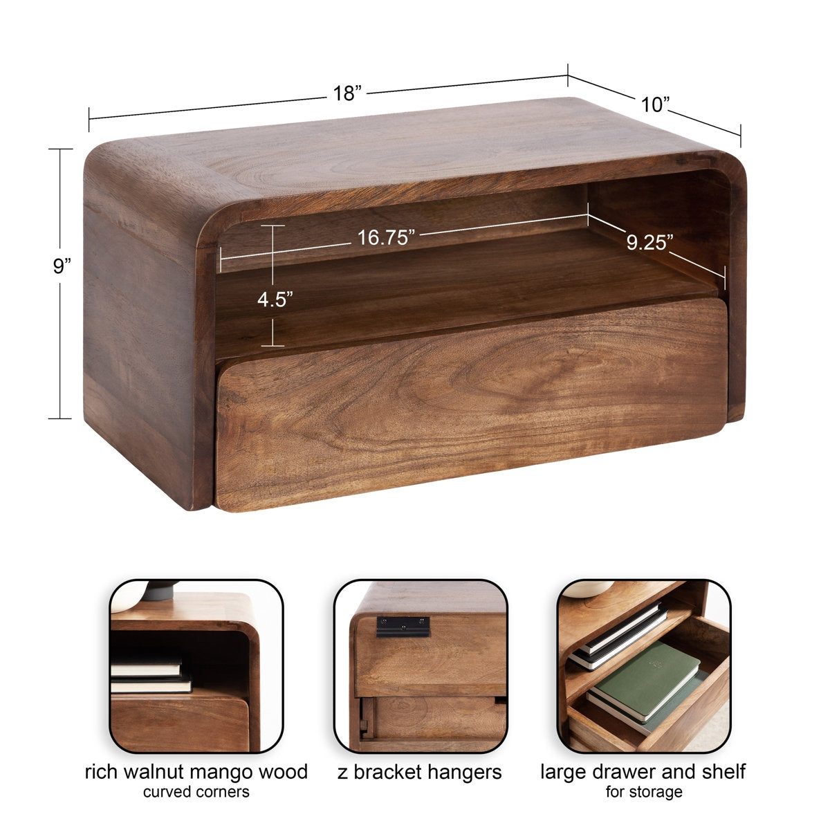 Waterfall Edge Solid Wood Wall-Mount Shelf with Drawer