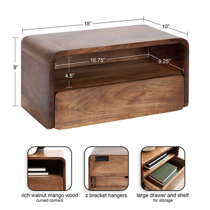 Waterfall Edge Solid Wood Wall-Mount Shelf with Drawer