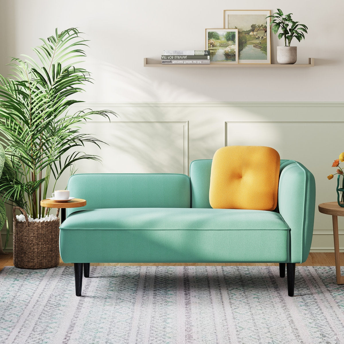 Compact Aqua Linen Sofa with Stylish Rounded Arms and Acacia Wood Frame