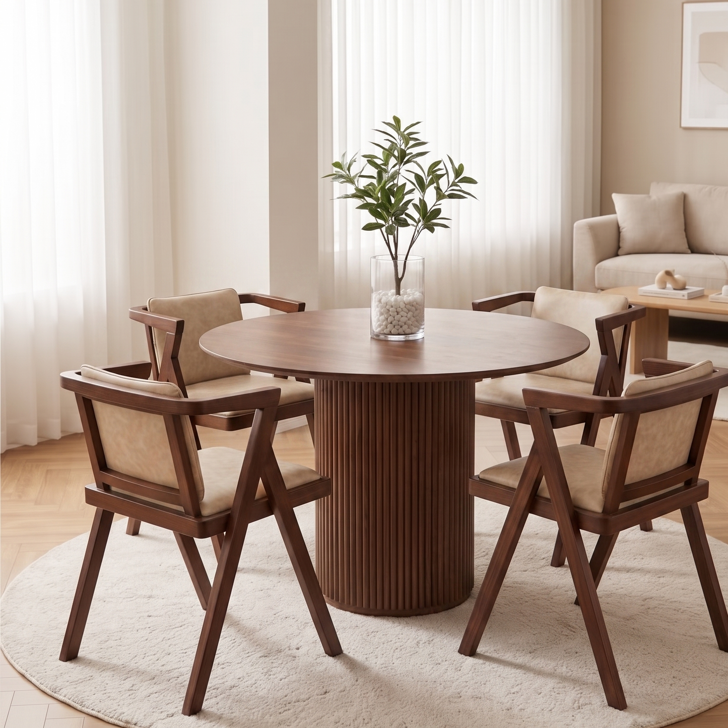 ADOUER WOOD Japandi Round Wooden Dining Table with Ribbed Pedestal Base and Natural Rattan Rattan/Cane Accent Chairs