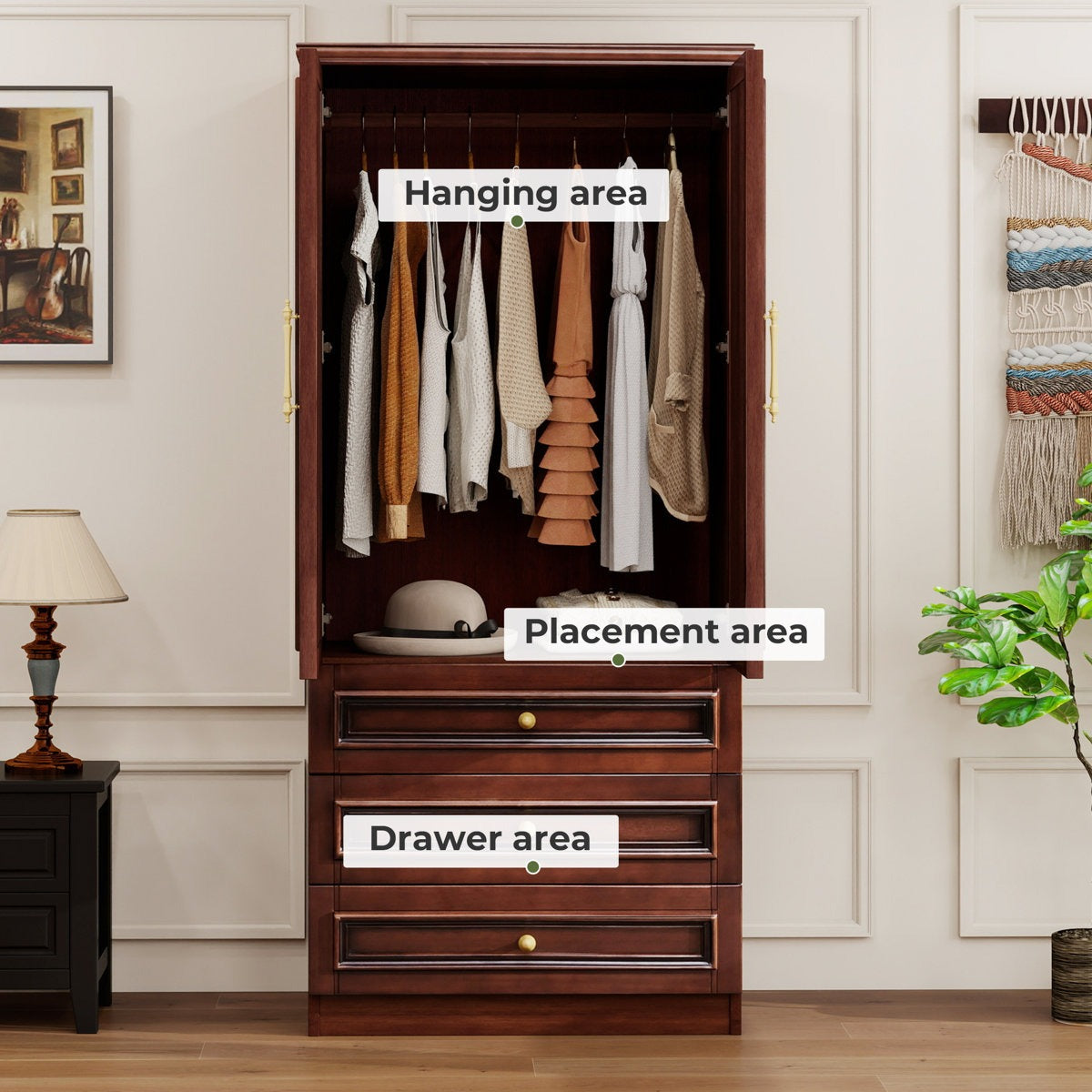 ADOUER WOOD Solid Wood 2-Door Wardrobe – Elegant with 3 Deep Storage Drawers – Traditional Bedroom Almirah with Gold-Tone Hardware