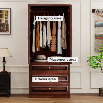ADOUER WOOD Solid Wood 2-Door Wardrobe – Elegant with 3 Deep Storage Drawers – Traditional Bedroom Almirah with Gold-Tone Hardware