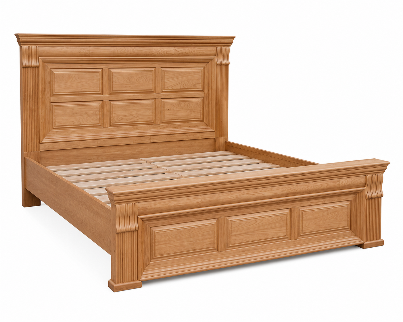 Adouer Wood Solid Wood Classic Panel Bed with Carved Pillars and Fluted Detailing