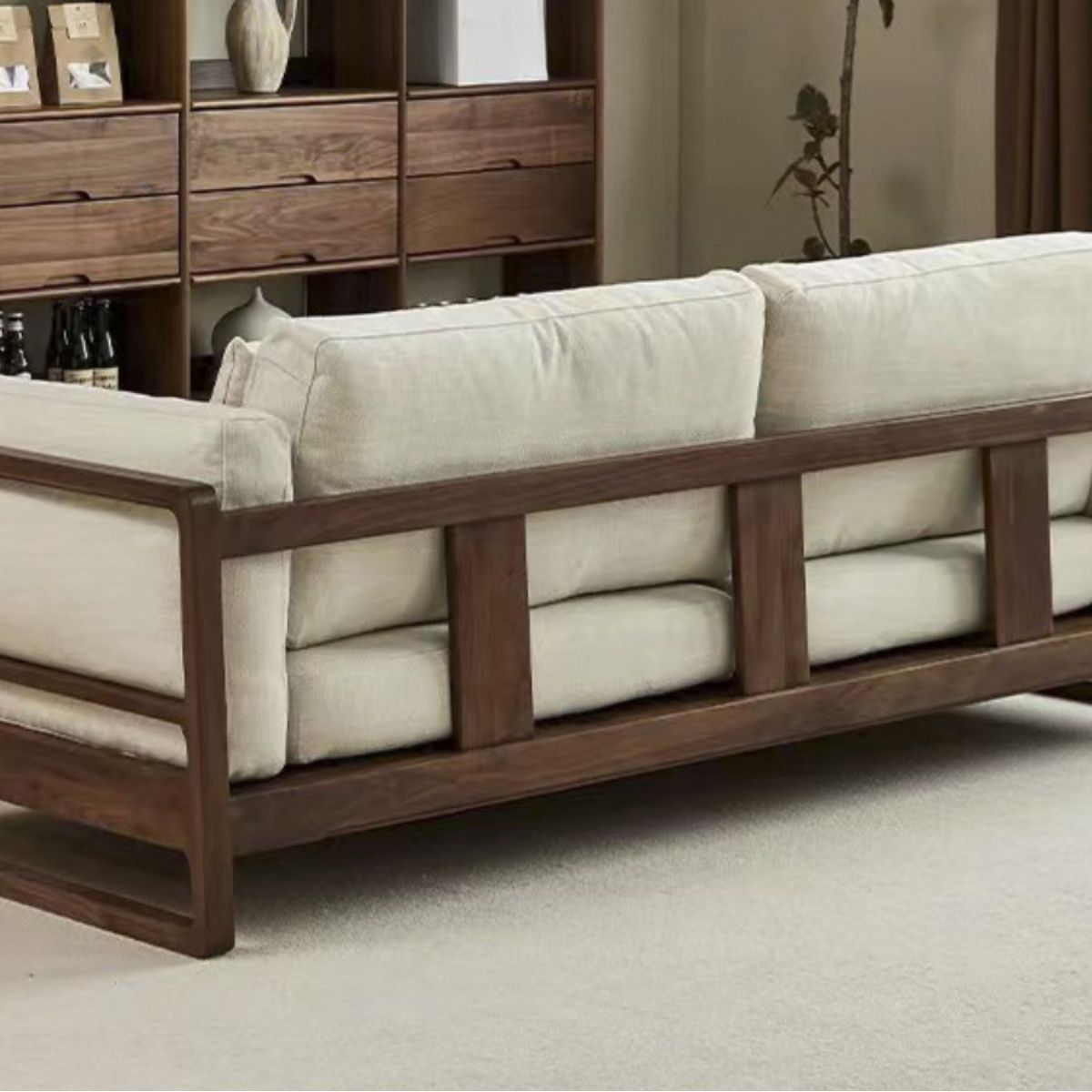 Adouer Wood Handcrafted Sheesham Wooden 3-Seater Sofa with Comfortable Cotton Fabric – Modern Living Room Furniture-Light Beige