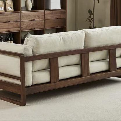 Adouer Wood Handcrafted Sheesham Wooden 3-Seater Sofa with Comfortable Cotton Fabric – Modern Living Room Furniture-Light Beige