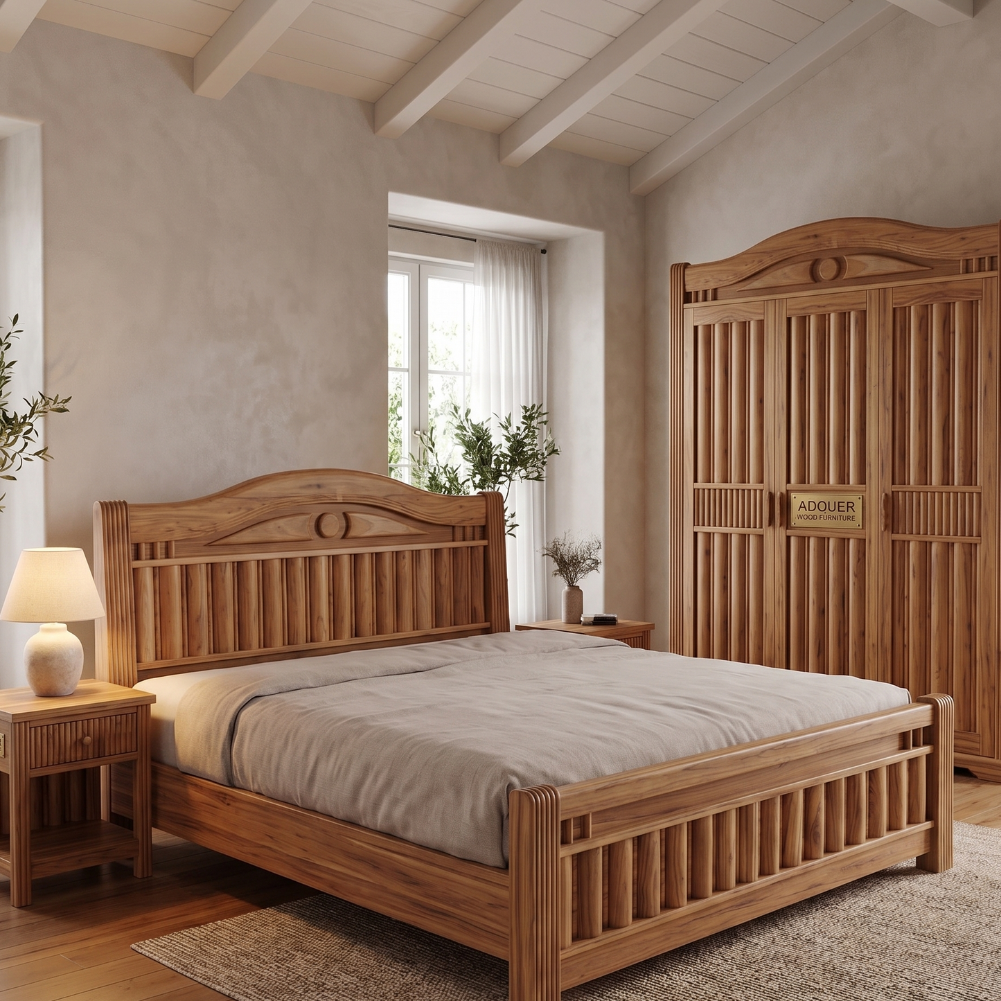 ADOUER WOOD Natural Finish Luxury Double Bed for Bedroom