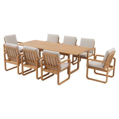 ADOUER WOOD Modern 9-Piece Wooden Outdoor Dining Set, 8-Person Rectangular Patio Table with Cushioned Armchairs
