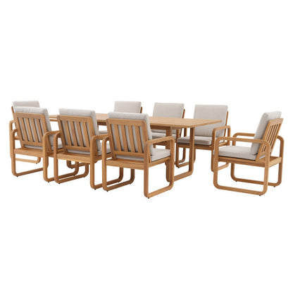 ADOUER WOOD Modern 9-Piece Wooden Outdoor Dining Set, 8-Person Rectangular Patio Table with Cushioned Armchairs