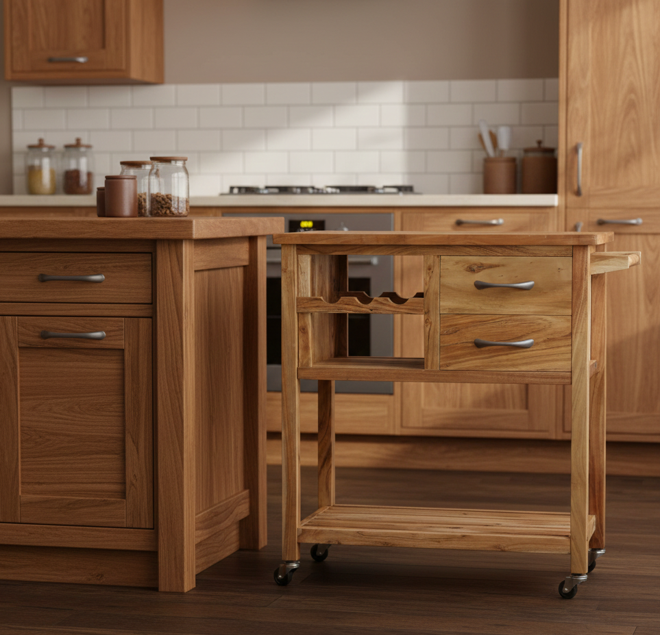 Wooden kitchen island with drawers and shelves in a kitchen setting.