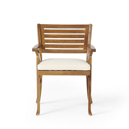 Adouer Wood Round 4-Seater Acacia Wood Patio Dining Set with Slatted Table and Cream Cushioned Armchairs