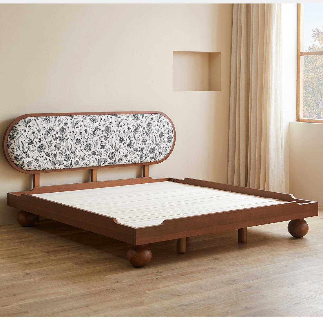 Walnut Sheesham Wood Fusion Bed: Japanese Low Profile with Botanical Upholstered Headboard
