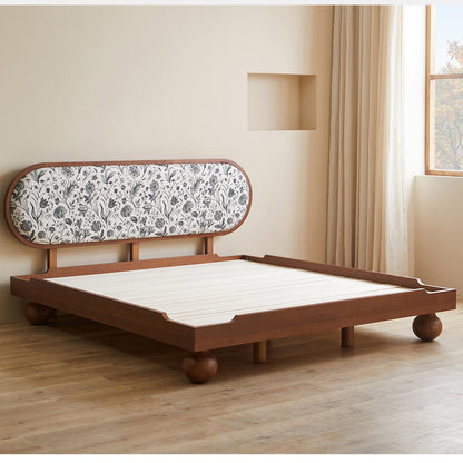 Walnut Sheesham Wood Fusion Bed: Japanese Low Profile with Botanical Upholstered Headboard