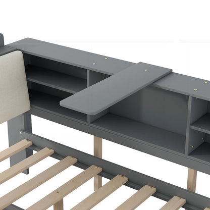 Modern Solid Wood Trundle Bed with Built-In Bookshelf Headboard & Pull-Out Storage Bed