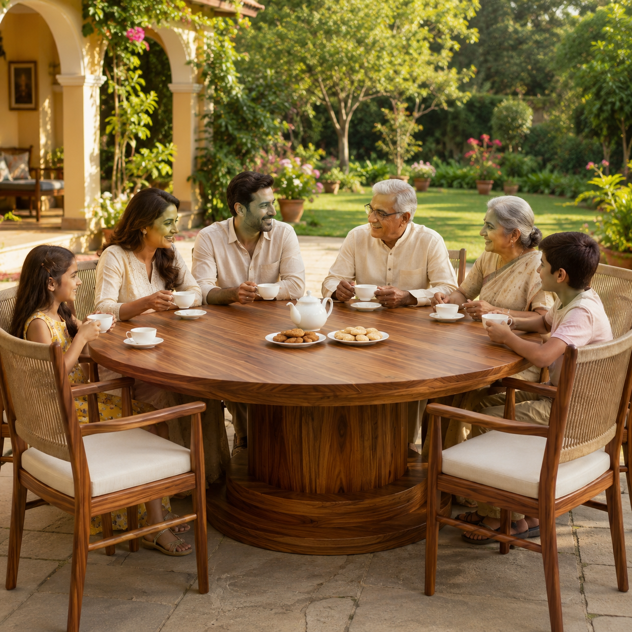 Luxury 7-Seater Round Dining Set - Natural Wood Finish with Beige Upholstery and Corded Backrest