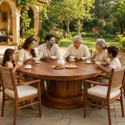 Luxury 7-Seater Round Dining Set - Natural Wood Finish with Beige Upholstery and Corded Backrest