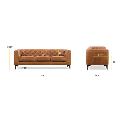 Classic Tufted Leather 3-Seater Sofa with Sheesham Wood Frame