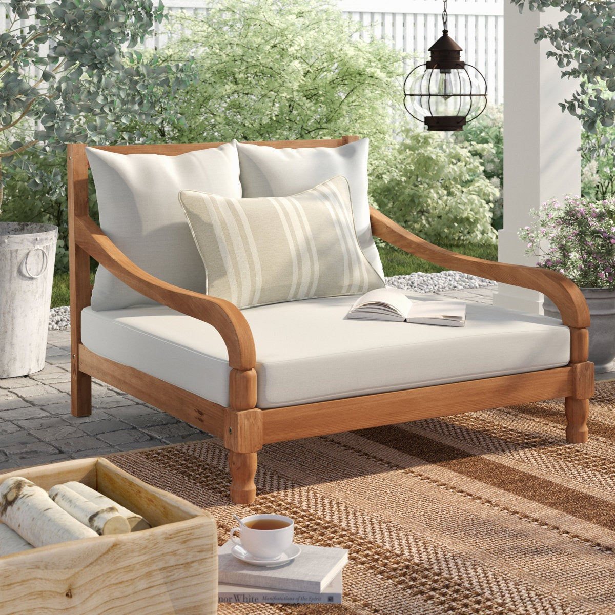ADOUER WOOD Solid Wood Double Daybed Chaise Lounge with 2 Cushions – Handcrafted 2-Seater Outdoor & Indoor Settee