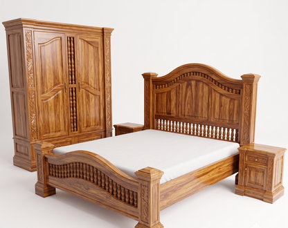 ADOUER WOOD Solid Sheesham Wood King Size Bed with Carved Headboard