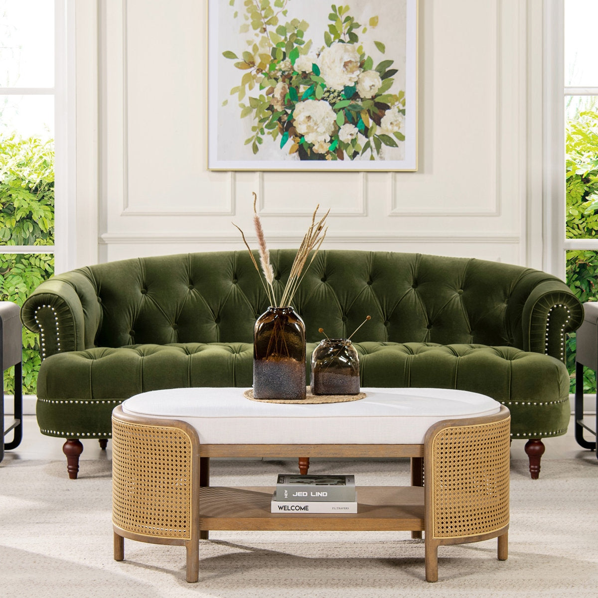 ADOUER WOOD Solid Wood Frame Upholstered Tufted Back 3 Seater Sofa With Backrest