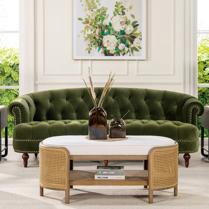 ADOUER WOOD Solid Wood Frame Upholstered Tufted Back 3 Seater Sofa With Backrest