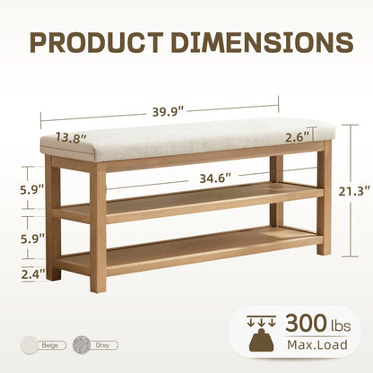 Space-Saving Solid Wood Shoe Bench with Dual Shelves and Comfortable Upholstered Seating