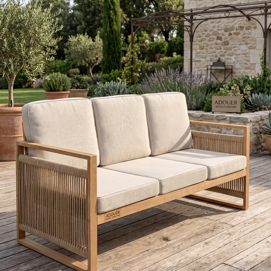 ADOUER WOOD The Coastal Modern Acacia Wood & Woven Rope 3-Person Patio Sofa