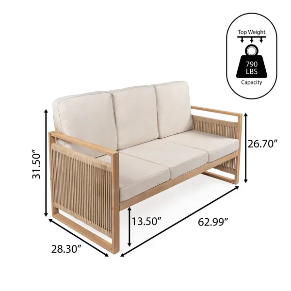 ADOUER WOOD Coastal Modern 3-Seat Outdoor Sofa – Natural Acacia Wood & Wrapped Rope Accent