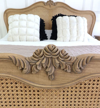 Adouer Wood Hand Carved Natural French Vintage Rattan Bed