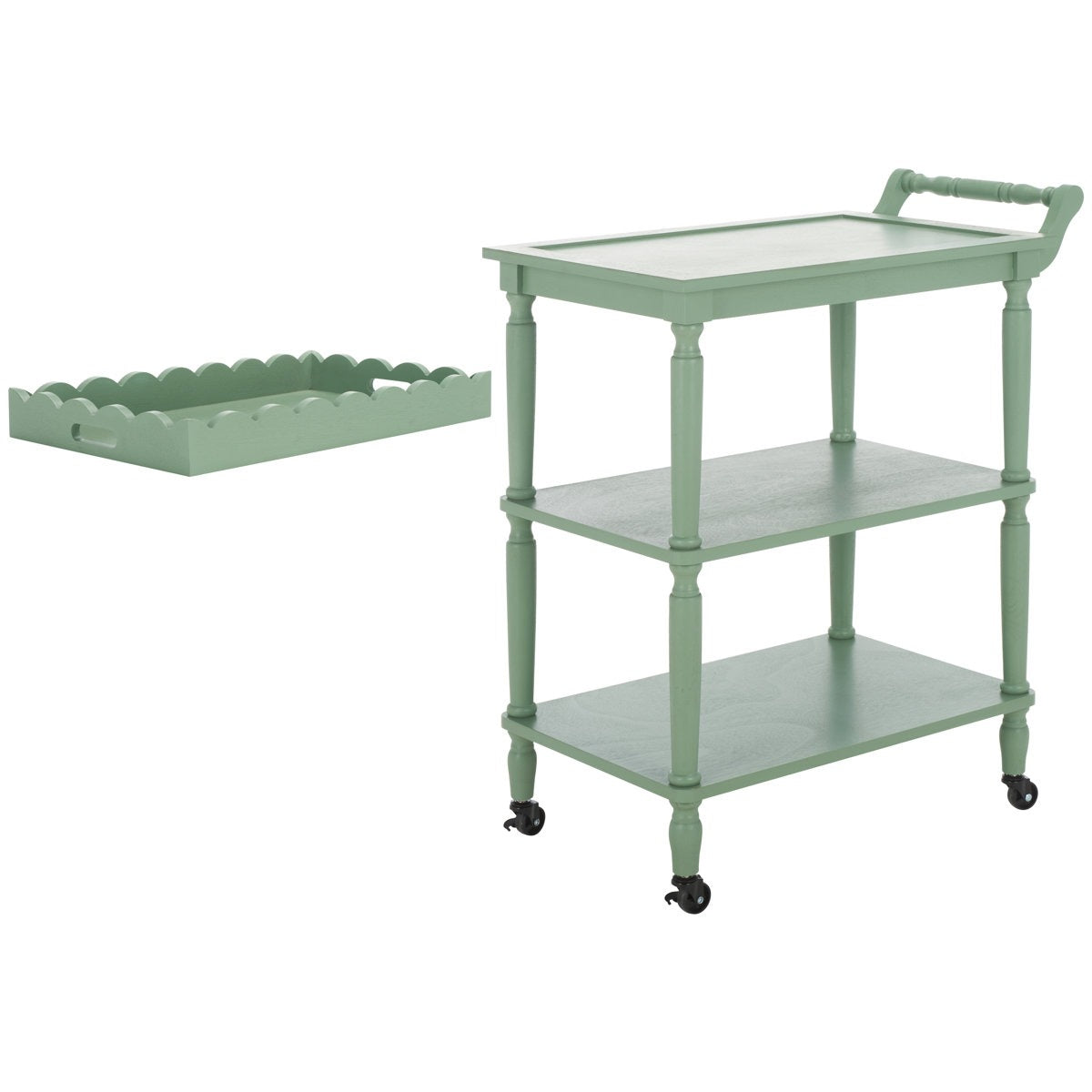 ADOUER WOOD  3-Tier Rolling Bar Cart with Removable Scalloped Tray and Spindle Legs