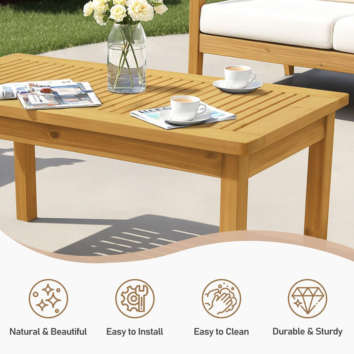 ADOUER WOOD Weather-Resistant Timber Garden Table with Slatted Top with Exterior PU Finish