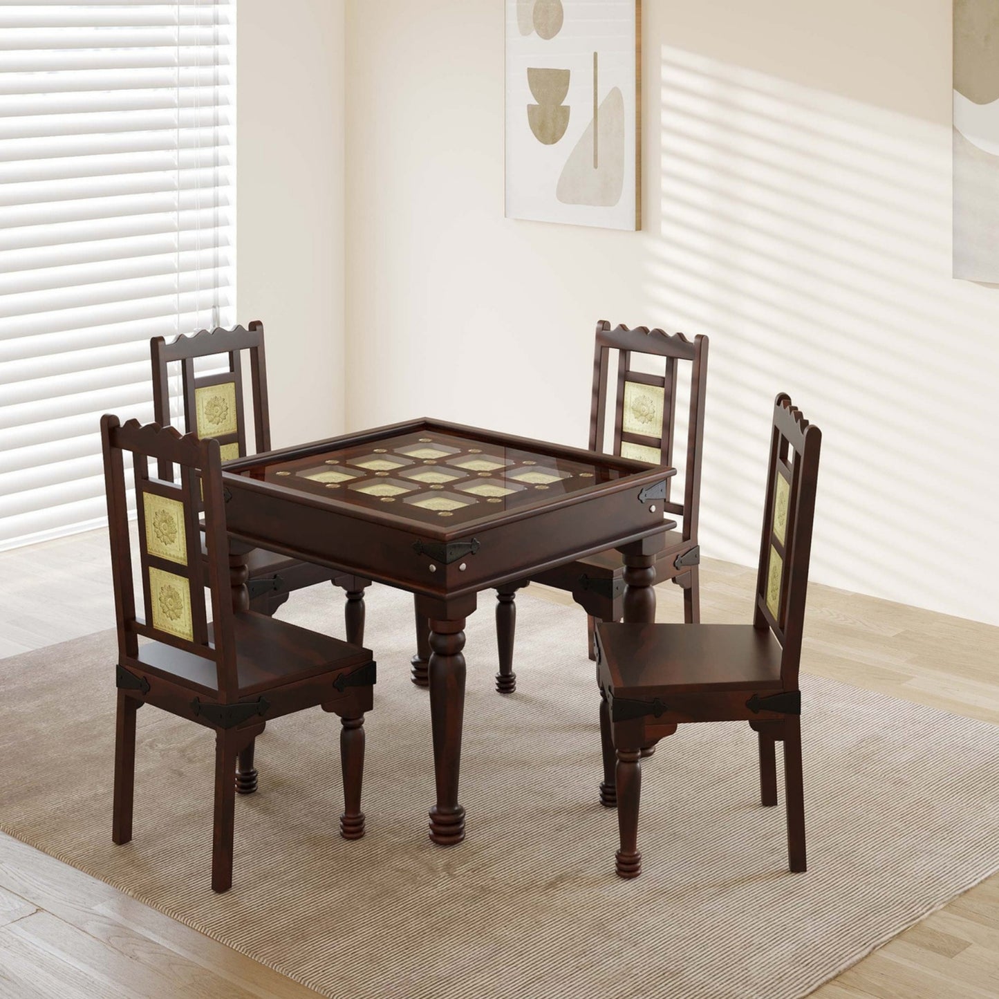 Traditional Sheesham Wood 4-Seater Dining Table with Inlay Detail