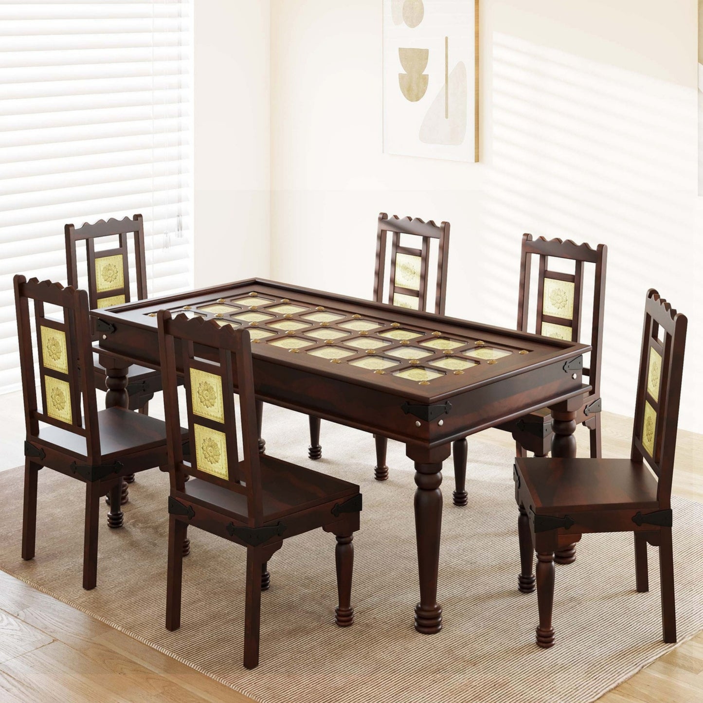 Traditional Sheesham Wood 6-Seater Dining Table with Inlay Detail