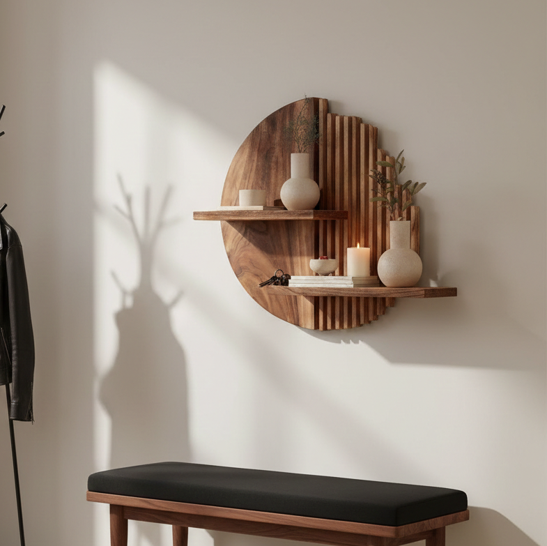 Wooden wall shelf with decorative items against a light wall, accompanied by a black cushioned bench.