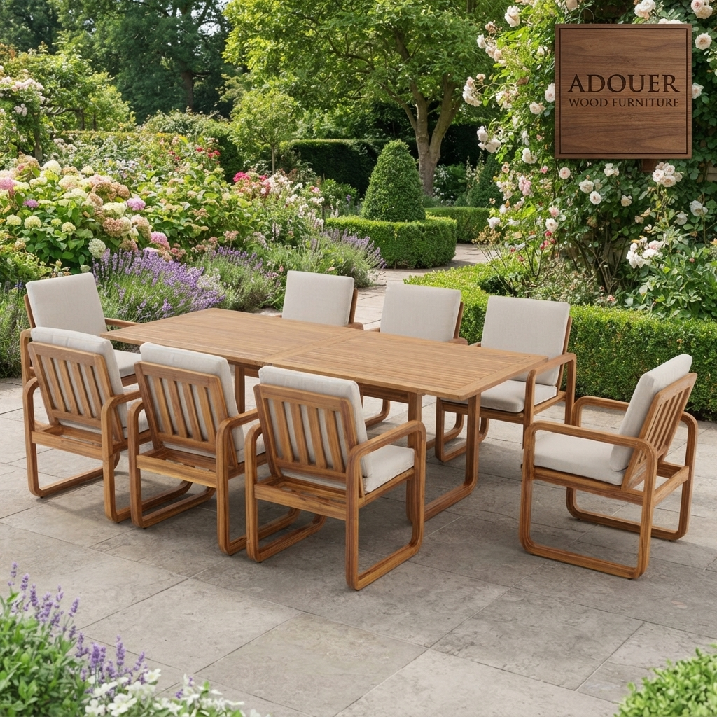 ADOUER WOOD Modern 9-Piece Wooden Outdoor Dining Set, 8-Person Rectangular Patio Table with Cushioned Armchairs